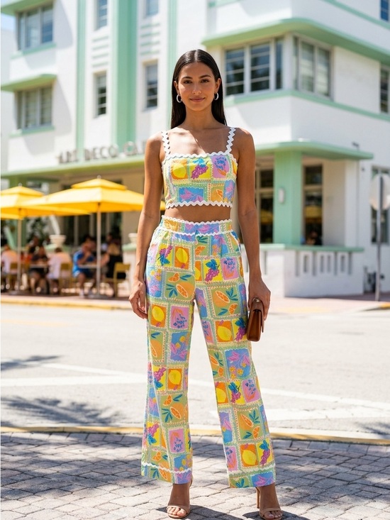 Fore Pants - Fore’ Women’s Multicolor Patchwork Print Crop Top & Wide-Leg Pants Set Sz Large